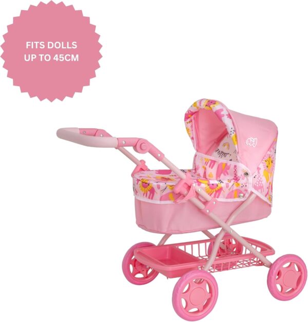 Wózek dla Lalek BabyBoo Junior Roamer 2w1, Gondola, Regulowana Rączka/Budka, Różowa Dżungla