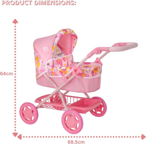Wózek dla Lalek BabyBoo Junior Roamer 2w1, Gondola, Regulowana Rączka/Budka, Różowa Dżungla