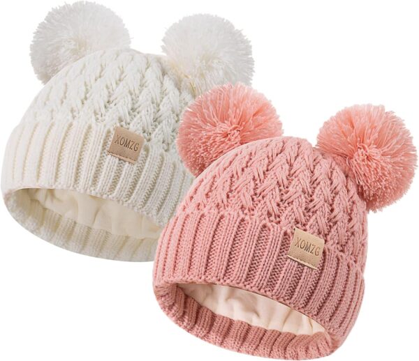 Zestaw 2 Czapki Zimowe Dziecięce (0-36 M) Podwójny Pompon Ciepły Akryl Polar (Unisex)