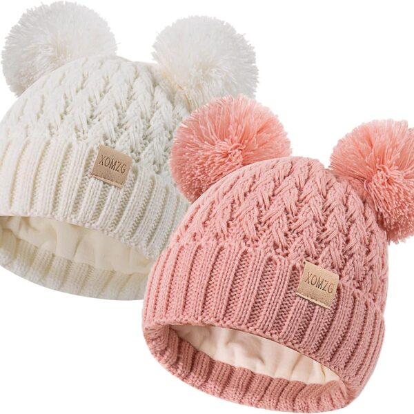 Zestaw 2 Czapki Zimowe Dziecięce (0-36 M) Podwójny Pompon Ciepły Akryl Polar (Unisex)