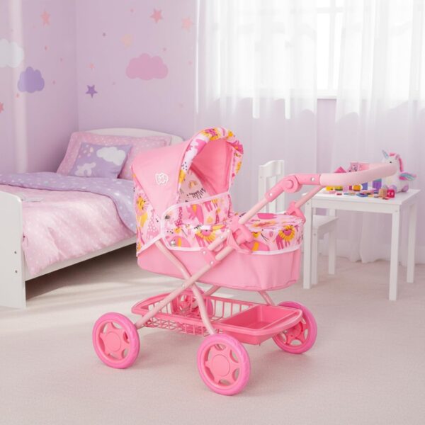 Wózek dla Lalek BabyBoo Junior Roamer 2w1, Gondola, Regulowana Rączka/Budka, Różowa Dżungla