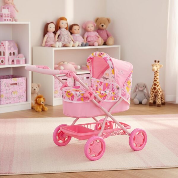 Wózek dla Lalek BabyBoo Junior Roamer 2w1, Gondola, Regulowana Rączka/Budka, Różowa Dżungla
