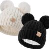 Zestaw 2 Czapki Zimowe Dziecięce (0-36 M) Podwójny Pompon Ciepły Akryl Polar (Unisex)