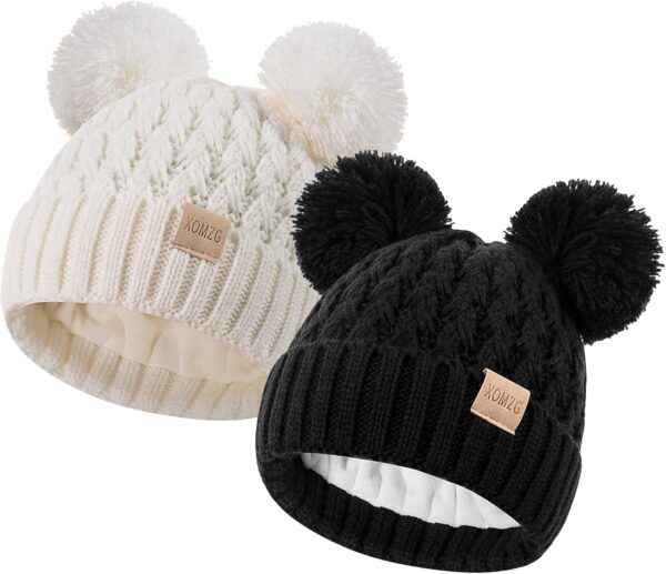 Zestaw 2 Czapki Zimowe Dziecięce (0-36 M) Podwójny Pompon Ciepły Akryl Polar (Unisex)