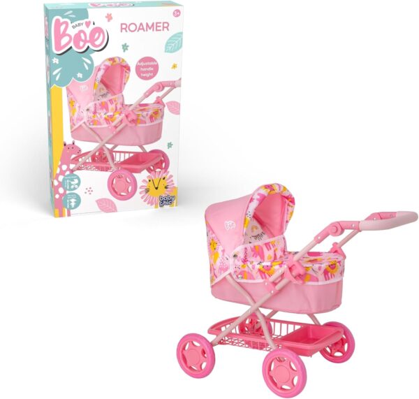 Wózek dla Lalek BabyBoo Junior Roamer 2w1, Gondola, Regulowana Rączka/Budka, Różowa Dżungla