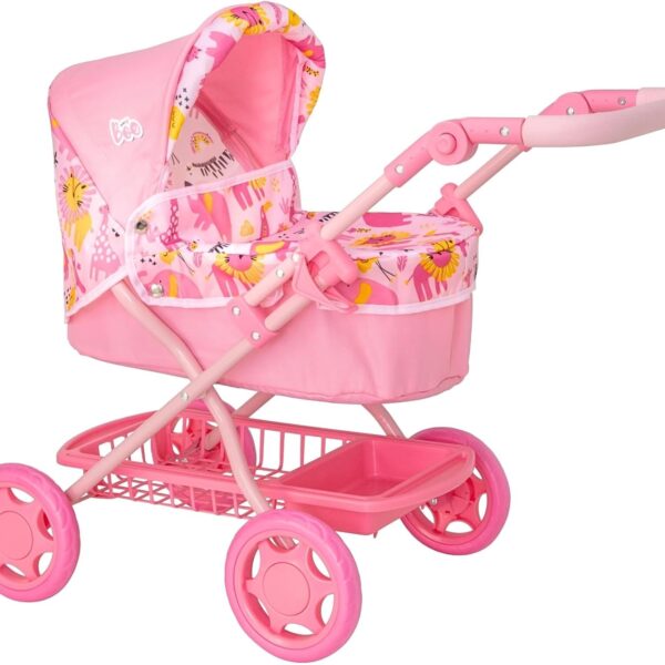 Wózek dla Lalek BabyBoo Junior Roamer 2w1, Gondola, Regulowana Rączka/Budka, Różowa Dżungla