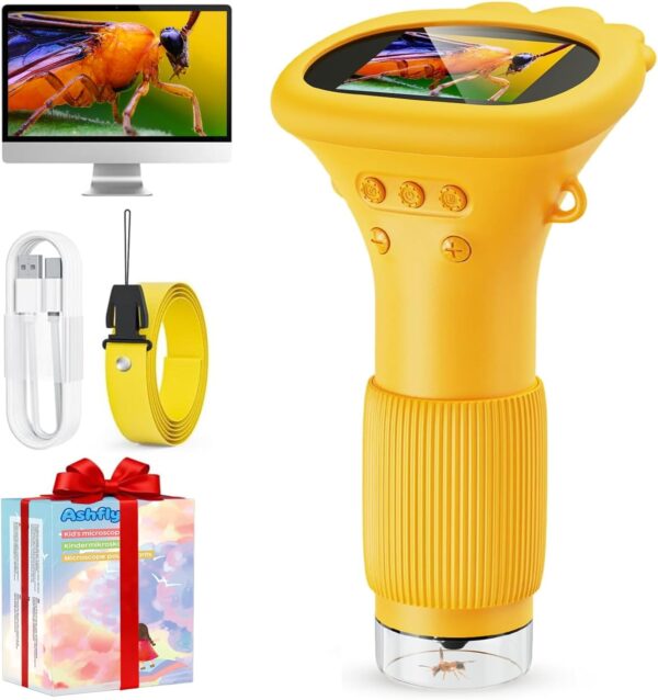 Mikroskop Cyfrowy Kieszonkowy dla Dzieci, Ekran HD 2.0", USB, Podświetlenie LED, Pomarańczowy
