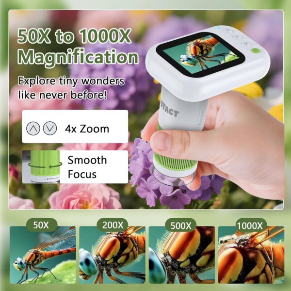 Mikroskop Cyfrowy Ręczny 3w1, Powiększenie 1000x, Ekran HD 2.4", Karta SD, STEM dla Dzieci 3-12