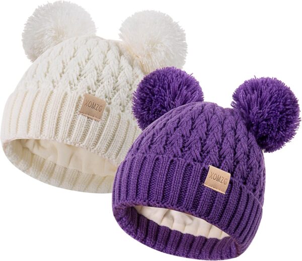 Zestaw 2 Czapki Zimowe Dziecięce (0-36 M) Podwójny Pompon Ciepły Akryl Polar (Unisex)