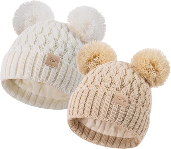 Zestaw 2 Czapki Zimowe Dziecięce (0-36 M) Podwójny Pompon Ciepły Akryl Polar (Unisex)