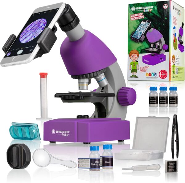 Mikroskop Bresser Junior 40-640x, Edukacyjny Zestaw dla Dzieci, Fioletowy