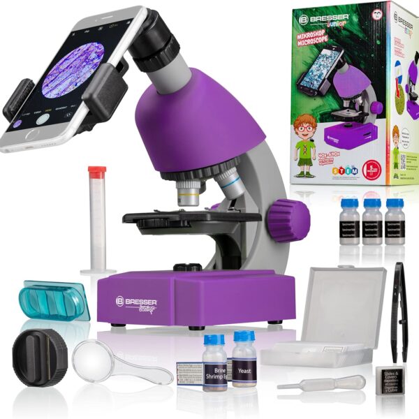 Mikroskop Bresser Junior 40-640x, Edukacyjny Zestaw dla Dzieci, Fioletowy