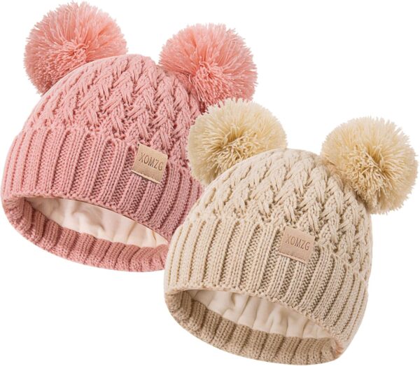 Zestaw 2 Czapki Zimowe Dziecięce (0-36 M) Podwójny Pompon Ciepły Akryl Polar (Unisex)