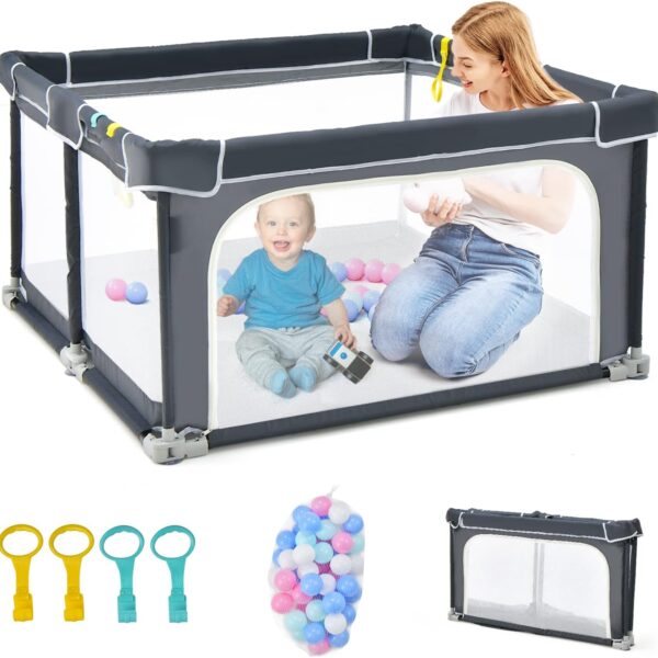 COSTWAY Kojec dla Dziecka 124x124 cm Składany z Piłkami i Uchwytami Szary
