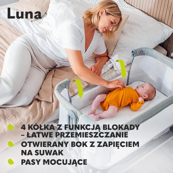 Lionelo Luna Łóżeczko Dostawne 2w1 Co-sleeping z Materacem Szare