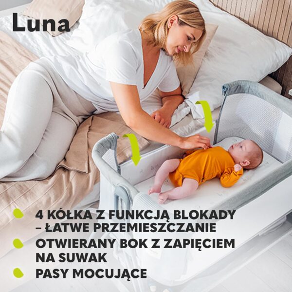 Lionelo Luna Łóżeczko Dostawne 2w1 Co-sleeping z Materacem Szare