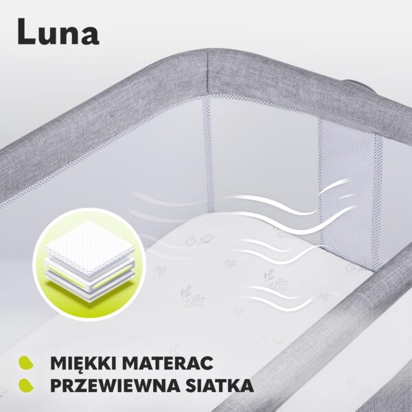Lionelo Luna Łóżeczko Dostawne 2w1 Co-sleeping z Materacem Szare